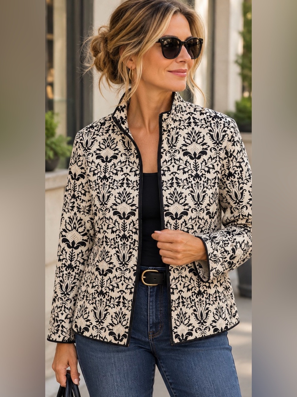 Peel & Peek Black Cream Damask Zip Front Jacket